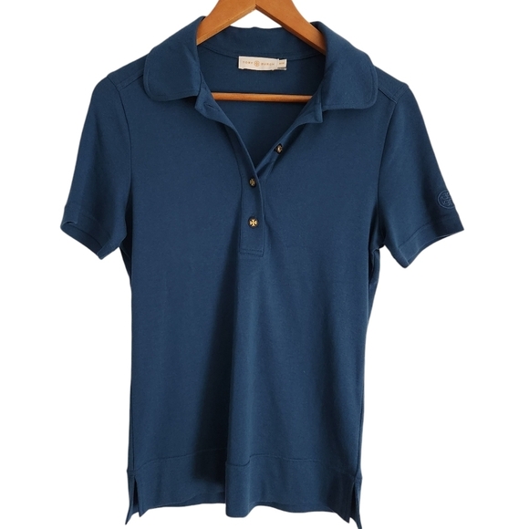 TORY BURCH short sleeve blue 4 Logo Button cotton Golf Polo shirt Size Medium - Picture 1 of 11